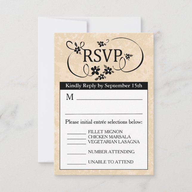 Tarjeta de menú RSVP 3.5x5 - Floral blanca y negra (Anverso)