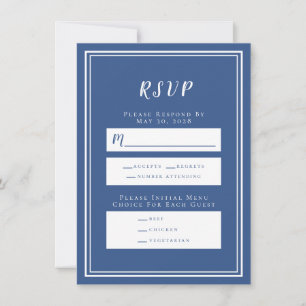 Tarjeta de menú RSVP de Boda minimalista Azul y Bl