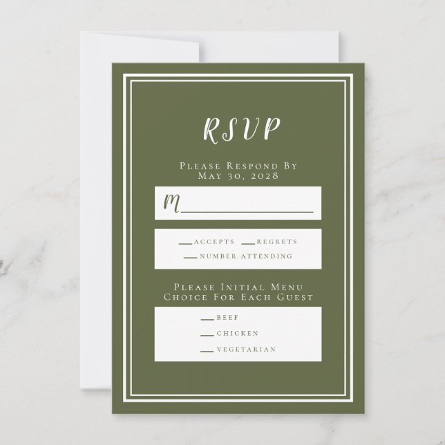 Tarjeta de menú RSVP de Boda Verde de Oliva minima (Anverso)