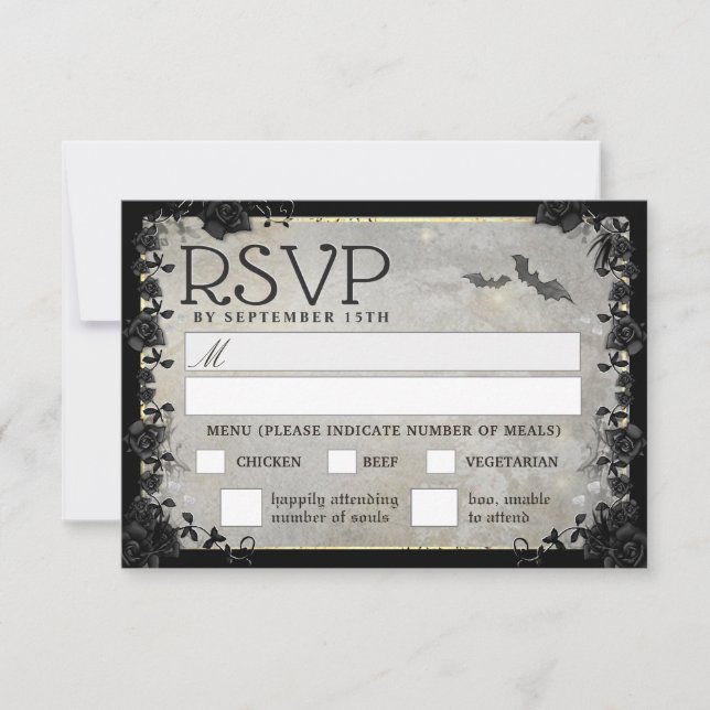 Tarjeta de menú RSVP Gris Bats Gótica (Anverso)