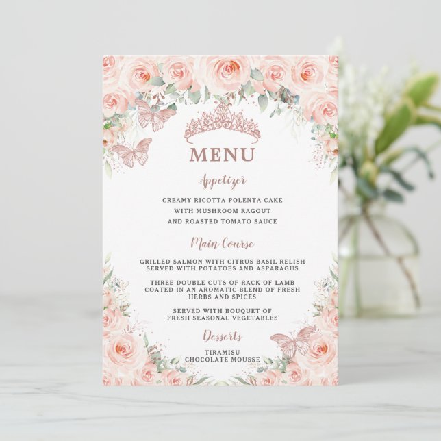 Tarjeta de menú Rubor Floral Rosa Gold Quinceanera (Anverso de pie)