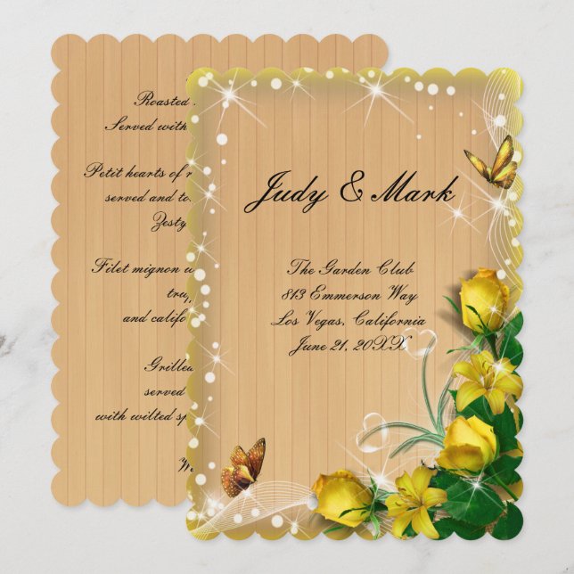 Tarjeta de menú Rush Wood Yellow Floral Butterfly (Anverso / Reverso)