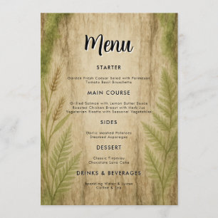 Tarjeta de menú Rustic Bark and Moss Forest Boda