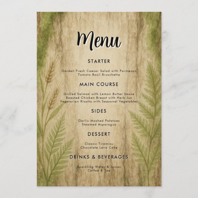 Tarjeta de menú Rustic Bark and Moss Forest Boda (Anverso)