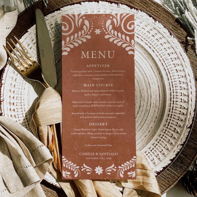 Tarjeta de menú Rustic Terracotta Mexico (Terracotta Talavera Wedding Menu Card)