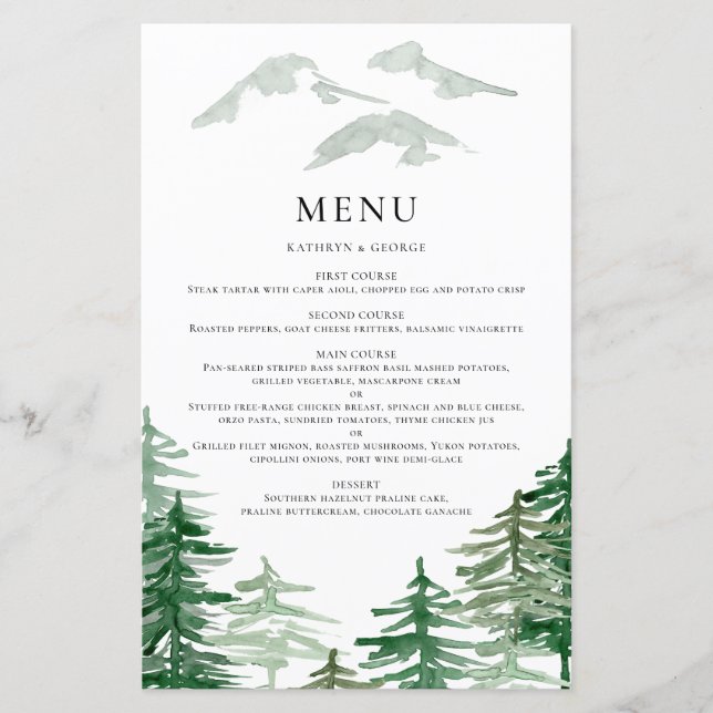 Tarjeta de menú Rustic Watercolor Woodland Boda (Anverso)