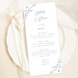 Tarjeta de menú Rústico Boda Floral Azul Rústico B<br><div class="desc">Este encantador menú de la recepción de bodas presenta un fondo blanco clásico con flores silvestres dibujadas a mano y una tipografía elegante de un azul polvoriento. Juntos, estos elementos crean un menú casero rústico y elegante, perfecto para un boda romántico en cualquier época del año. Este diseño se coordina...</div>