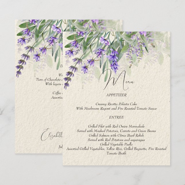 Tarjeta de menú Rústico del boda de lavanda (Anverso / Reverso)