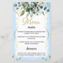 Tarjeta de menú Rústico Floral Azul y Oro Elegante
