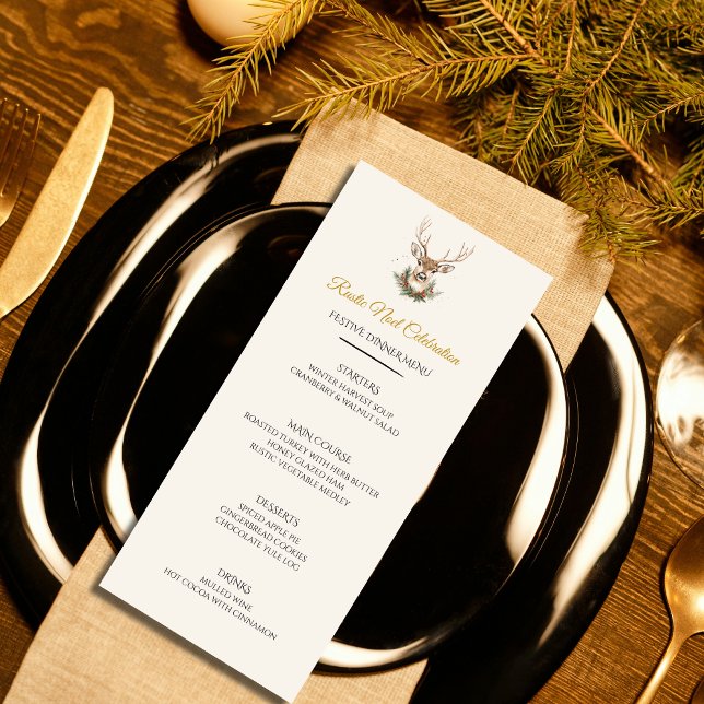 Tarjeta de menú Rústico Noël Navidades Fiesta cena (Rustic Noel Christmas menu card — rustic elegance with a grand reindeer. Customizable.)