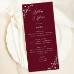 Tarjeta de menú rústico para Bodas botánicos de Bo<br><div class="desc">Este encantador menú de la recepción de bodas presenta un bonito fondo burdeos con flores silvestres dibujadas a mano y una elegante tipografía en blanco. Juntos, estos elementos crean un menú casero rústico y elegante, perfecto para un boda romántico en cualquier época del año. Este diseño se coordina con nuestra...</div>