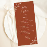 Tarjeta de menú rústico para Bodas botánicos de Te<br><div class="desc">Este encantador menú de la recepción de bodas presenta un bonito fondo de terracota con flores silvestres dibujadas a mano y una elegante tipografía en blanco. Juntos, estos elementos crean un menú casero rústico y elegante, perfecto para un boda romántico en cualquier época del año. Este diseño se coordina con...</div>
