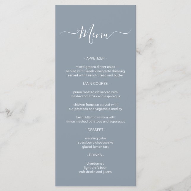 Tarjeta de menú Simple Calligraphy Dusty Blue Boda (Anverso)