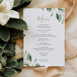 Tarjeta de menú simple del Boda Eucalyptus Greener<br><div class="desc">Diseñado para coordinar con nuestra colección de bodas Moody Greenery,  esta plantilla de menú personalizable presenta un marco geométrico dorado acentuado por ramas de vegetación eucaliptus acuáticas,  con texto dorado y gris. Para realizar cambios avanzados,  seleccione la opción "Hacer clic para más personalizares" en Personalizar esta plantilla.</div>