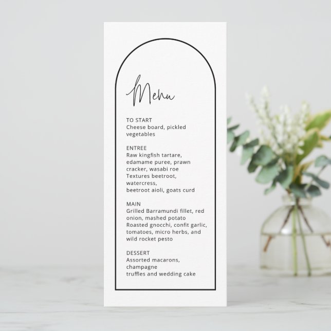 Tarjeta de menú simple para Bodas de arco blanco y (Anverso de pie)