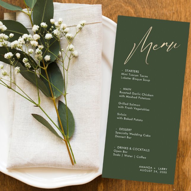 Tarjeta de menú simple y moderna de Boda verde y d (Subido por el creador)