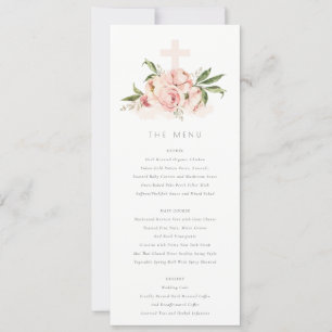 Tarjeta de menú Soft Peach Peony Floral Cross Bapt