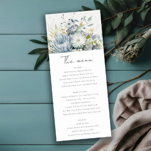 Tarjeta de menú Suculento Boda Floral de color azu