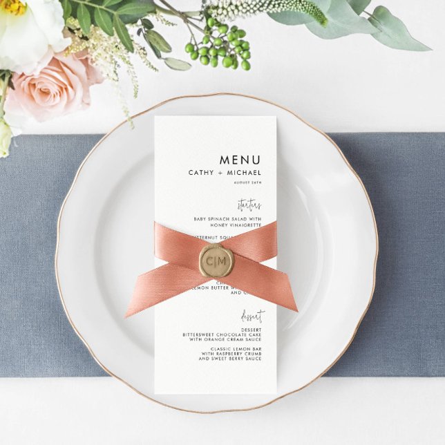 Tarjeta de menú Tall de fuentes mixtas Minimalista (Embellish your menu with custom ribbon and wax seals.)