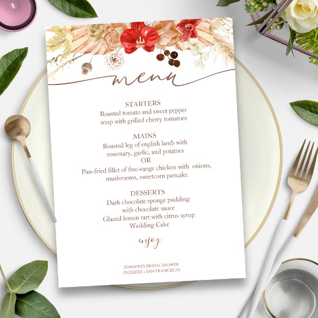 Tarjeta de menú Terracotta Boho Floral Bridal Show (Subido por el creador)