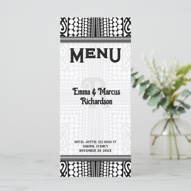 Tarjeta de menú tribal moderna urbana negro blanco (Anverso de pie)