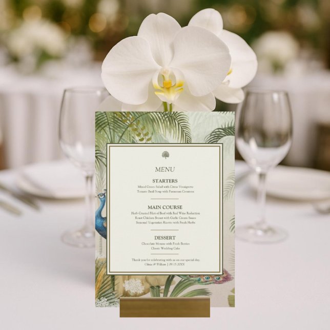 Tarjeta de menú Tropical Peacock Palm 5x7 Boda (Tropical Peacock Palm 5x7 Wedding Menu Card styled with orchids & glassware for resort wedding. )