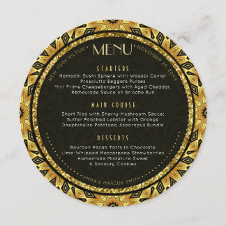 Tarjeta de menú V1 Tribal Deco Gold Round Boda