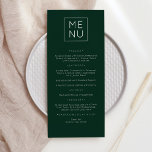 Tarjeta de menú verde oscuro elegante moderno<br><div class="desc">Boda moderna y elegante, menú Fiesta o aniversario. Un diseño elegante en verde y blanco o cualquier color de fondo que elija. Simplemente haga clic en el enlace personalizar adicional, que se muestra bajo el área de personalización de texto a la derecha, y elija el fondo de color personalizado. Esta...</div>
