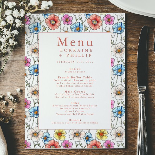 Tarjeta de menú Vintage Wildflower Boda ( Vintage style wildflower wedding menu card with a colorful hand drawn style floral border)