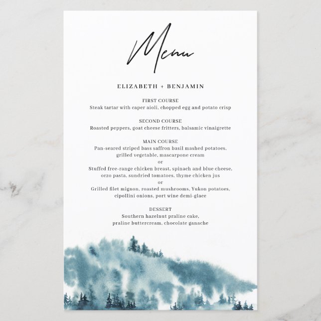 Tarjeta de menú Watercolor Blue Forest Winter Wedd (Anverso)