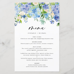 Tarjeta de menú Watercolor Blue Hydrangeas Boda