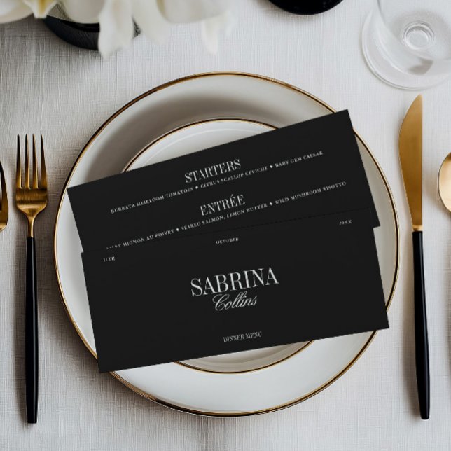 Tarjeta de menú y lugar de boda elegante en blanco (Elegant Black & White Wedding Place Card & Menu)