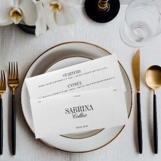 Tarjeta de menú y lugar de boda elegante en blanco