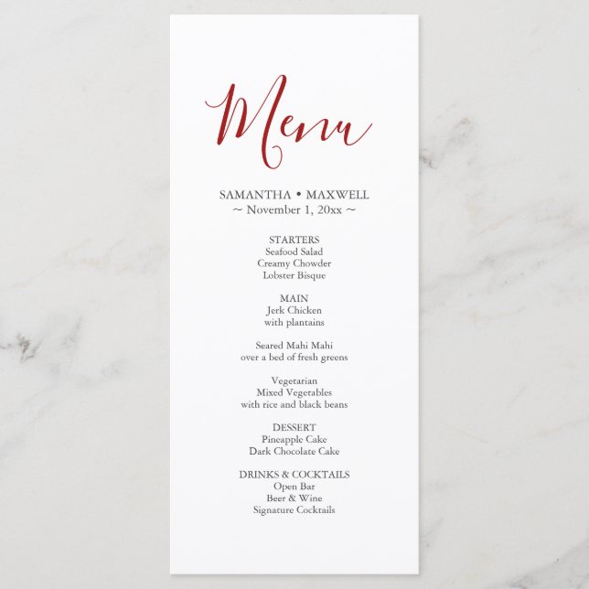 Tarjeta de menús simple de Boda rojo (Anverso)
