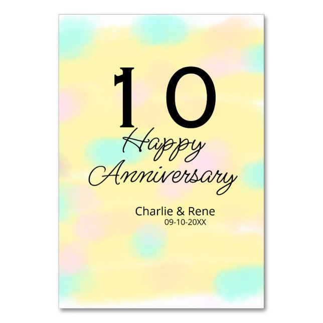 Tarjeta De Mesa 10 wedding anniversary yellow pastel name retro bo (Anverso)