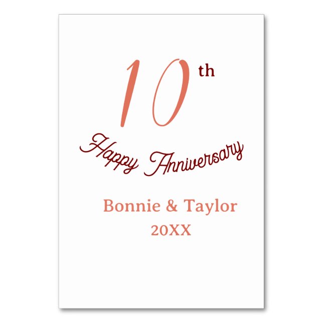 Tarjeta De Mesa 10th wedding anniversary peach pastel name retro b (Anverso)