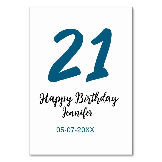 Tarjeta De Mesa 21 cumpleaños negrita letra azul simple mínimo (Anverso)