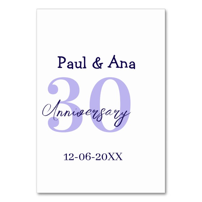 Tarjeta De Mesa 30th anniversary purple bold letter name simple re (Anverso)