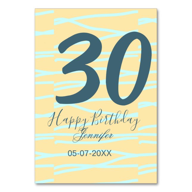 Tarjeta De Mesa 30th birthday add name date year yellow blue paste (Anverso)