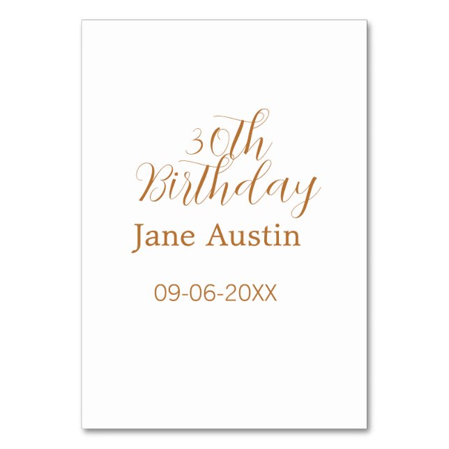 Tarjeta De Mesa 30th birthday copper brown simple stylish name dat (Anverso)
