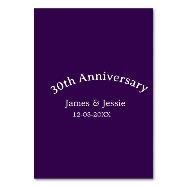 Tarjeta De Mesa 30th wedding anniversary name date purple simple  (Anverso)