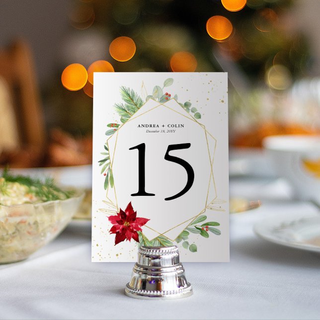 Tarjeta De Mesa 3.5x5 Tabla de presupuesto de energía de vacacione (Holiday Party or Christmas Wedding Table Numbers | Holiday Greenery, Gold Speckles, Red Poinsettia)