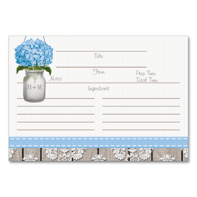 Tarjeta De Mesa 3x5 Blue Hydrangea Mason Jar Recetas (Anverso)