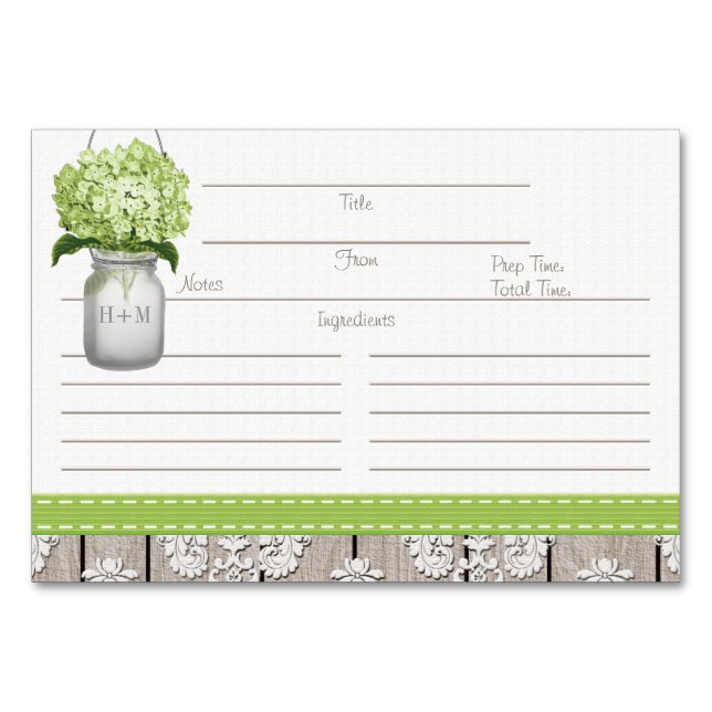 Tarjeta De Mesa 3x5 Green Hydrangea Mason Jar Recetas (Anverso)
