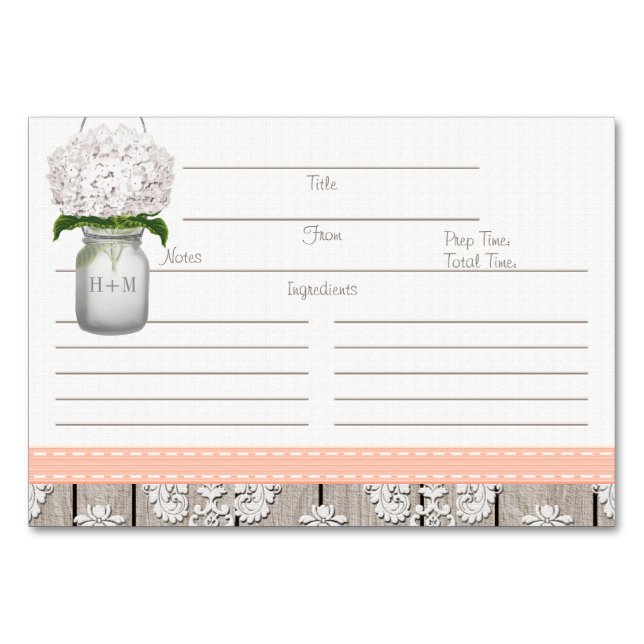 Tarjeta De Mesa 3x5 Peach Hydrangea Mason Jar Recetas (Anverso)