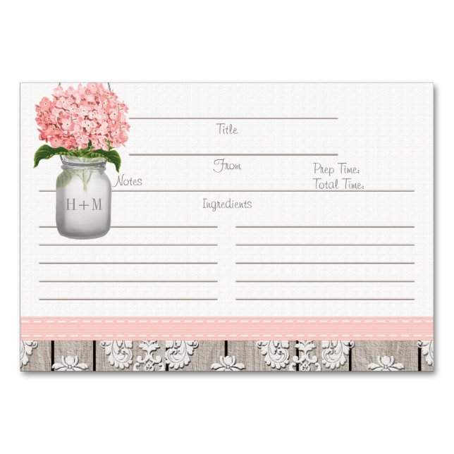 Tarjeta De Mesa 3x5 Pink Hydrangea Mason Jar Recetas (Anverso)