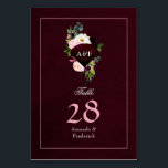 Tarjeta De Mesa 40.º Aniversario del Boda Ruby<br><div class="desc">40.º número de tabla de aniversario boda con una piedra de rubí monogramada decorada con flores de ciruela rosa y borgoña y gemas geométricas.</div>