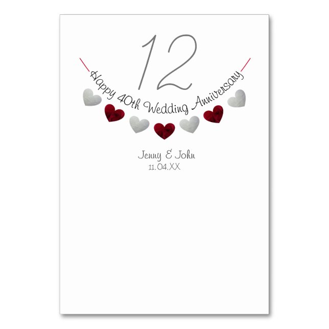 Tarjeta De Mesa 40.º número de la tabla de aniversario del boda de (Anverso)