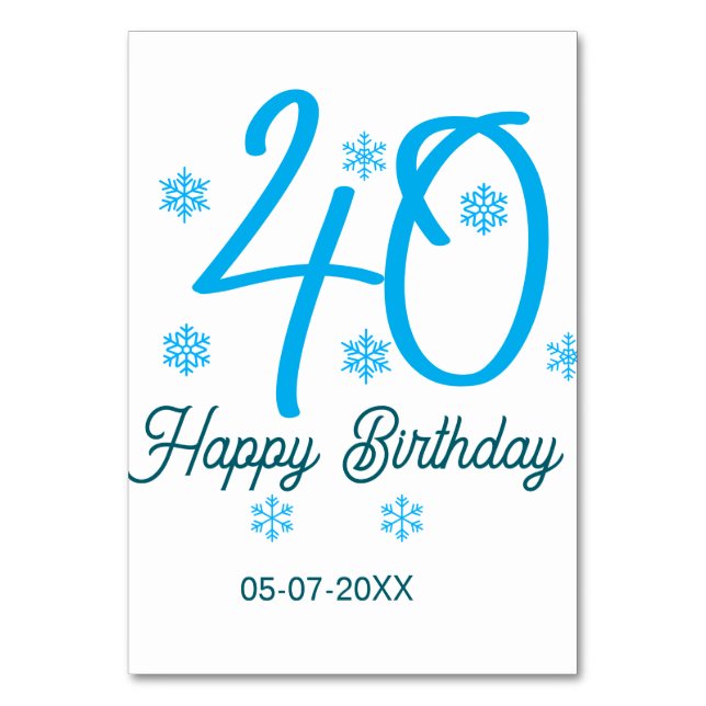 Tarjeta De Mesa 40th birthday add name date year blue template (Anverso)