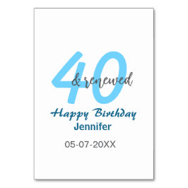 Tarjeta De Mesa 40th & renewed birthday name date blue bold number